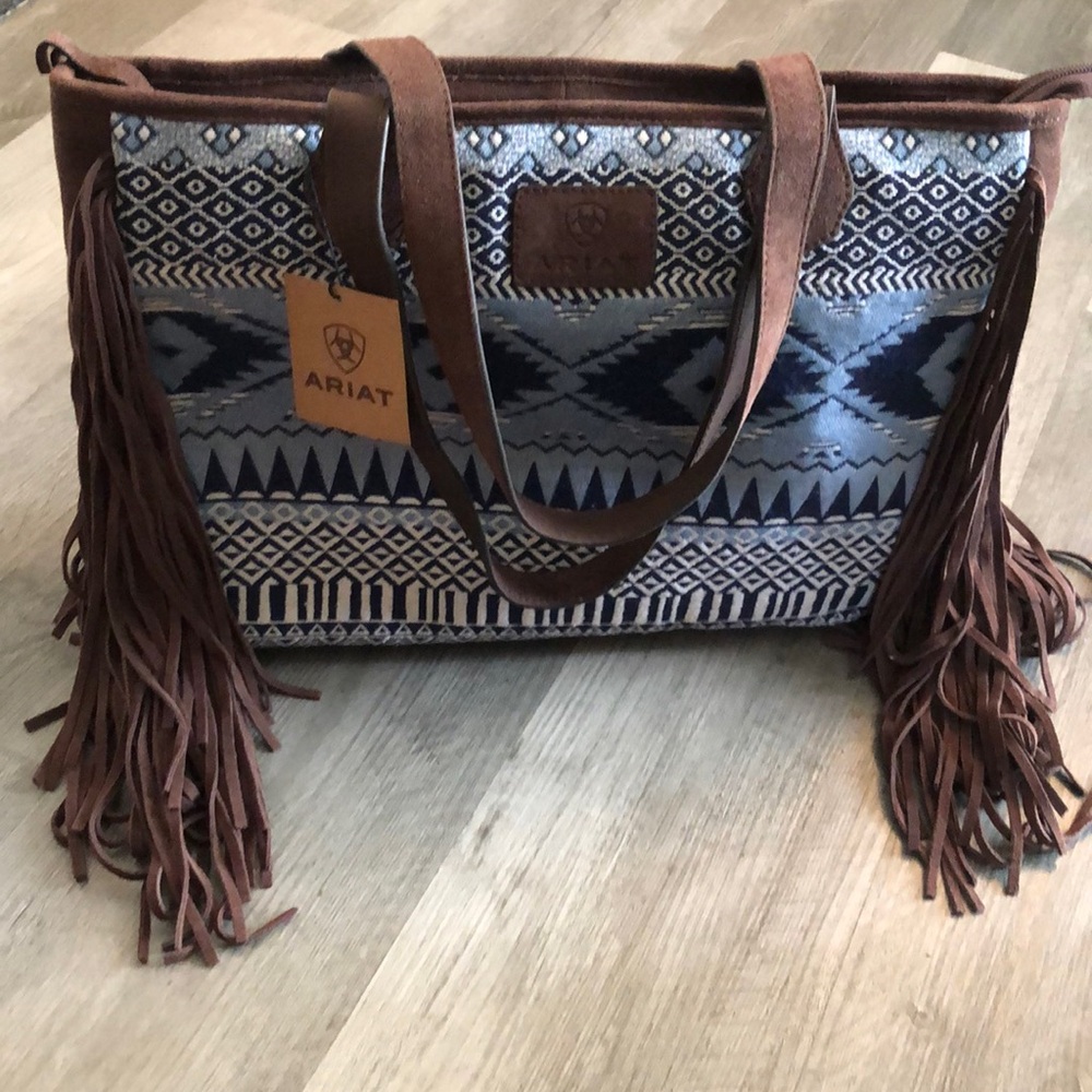 Ariat Madison Blue Southwest Print Tote Bag Brown Suede Fringe Accents NWT